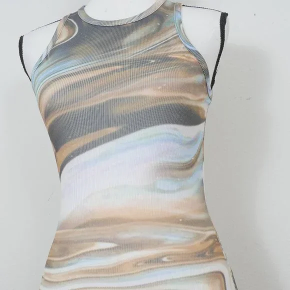 Pretty Little Thing Blue Brown Green Marble Design Size 4 Sleeveless Mini Dress - Picture 5 of 11